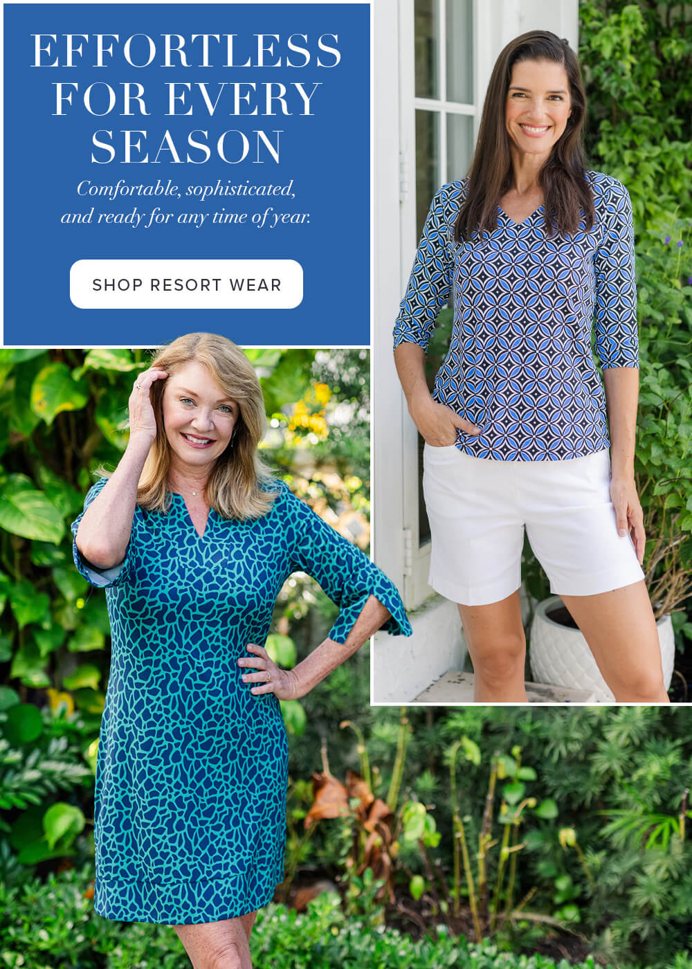 Two women wearing patterned tops and shorts with promotional text overlay.