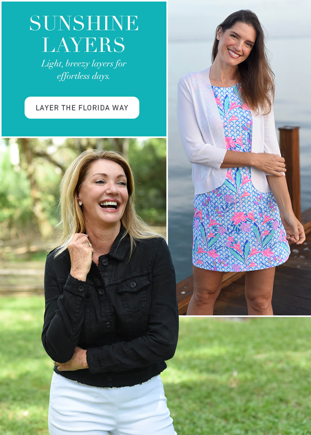 Two women in different outfits with text about 'Sunshine Layers' clothing.
