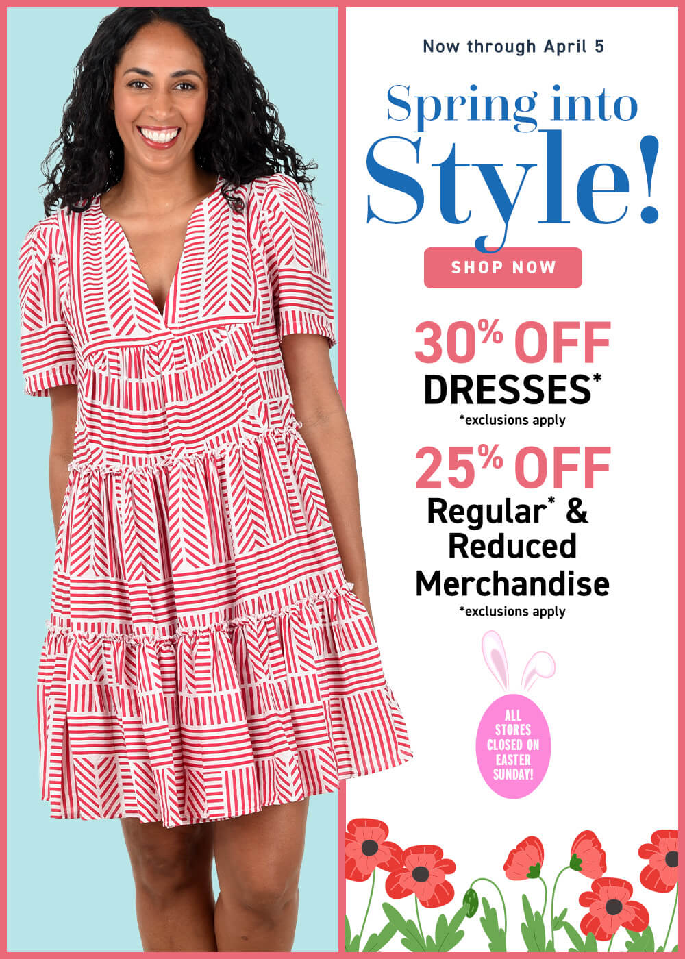 Woman wearing a red and white dress with a spring sale advertisement on a blue background