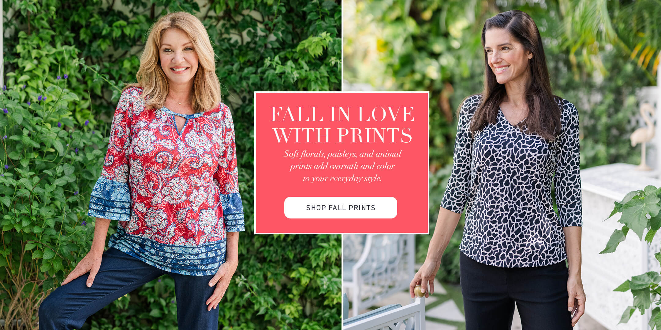 Two women wearing patterned tops with a promotional banner in the center.