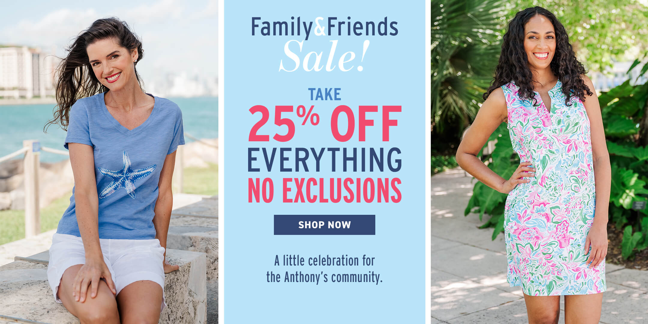 Two women modeling clothing with a Family & Friends sale advertisement in the center.