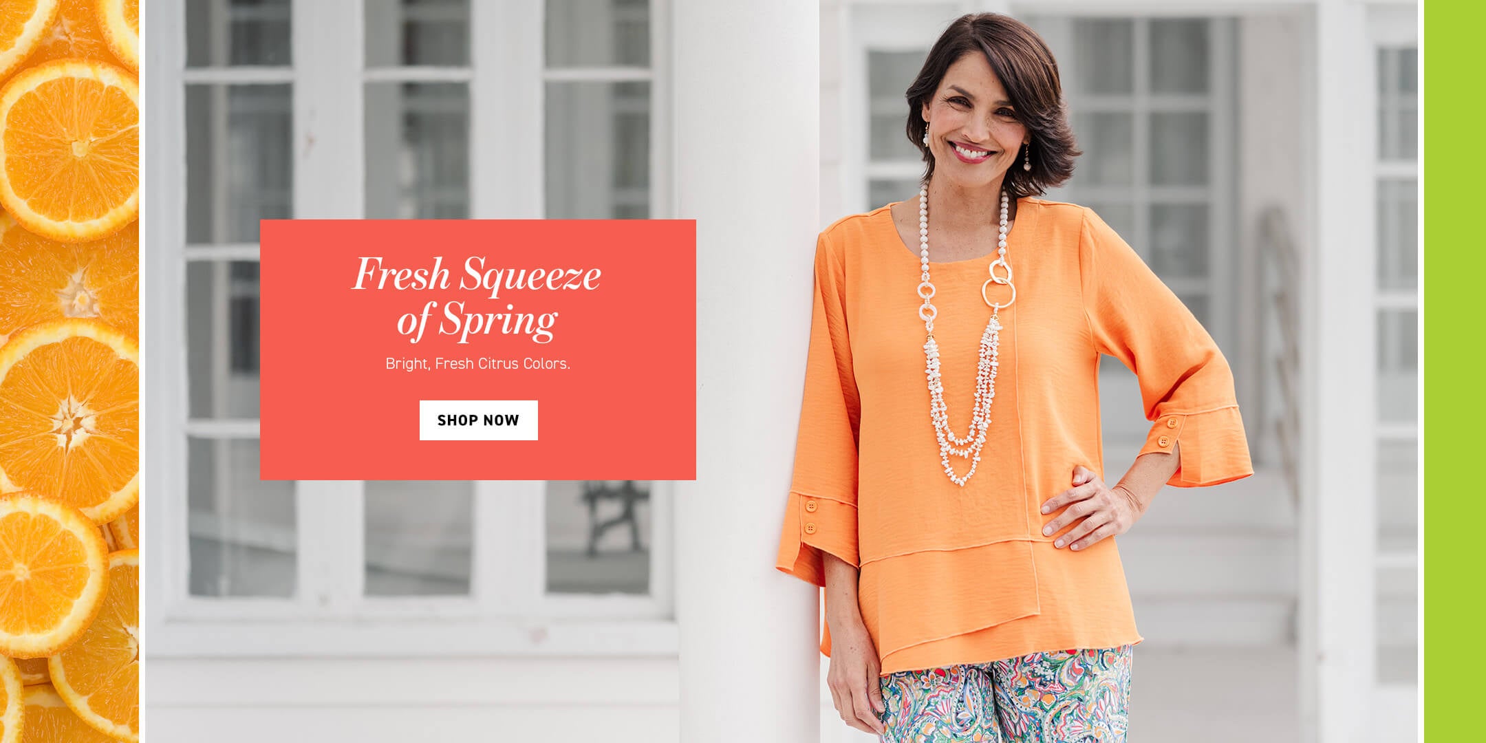 Woman wearing an orange top with a 'Fresh Squeeze of Spring' banner and oranges on the side.