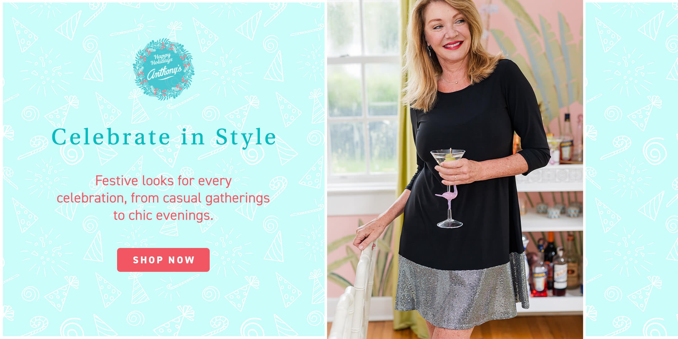 Desktop Banner Model wearing an elegant black holiday dress — shop the holiday collection at Anthony’s