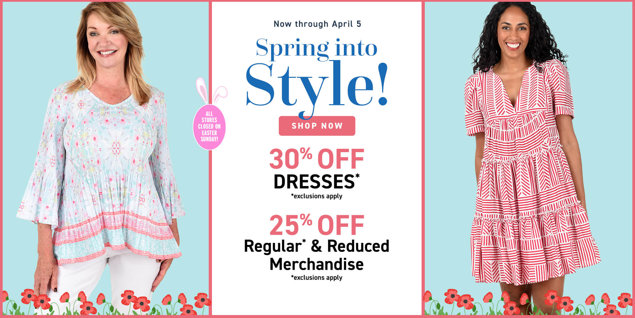 Promotional advertisement for a clothing store with two women wearing dresses and spring-themed text.