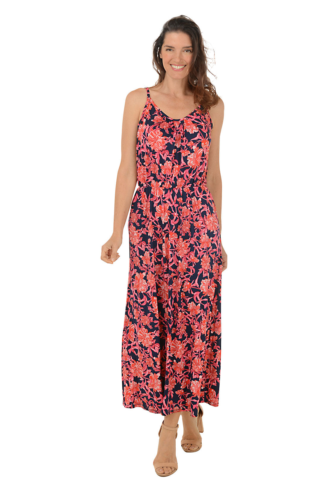 A sleeveless maxi dress with a floral pattern, featuring a scoop neckline, adjustable straps, and a straight hemline. The dress is worn by a model posing against a white background. Second front shot.