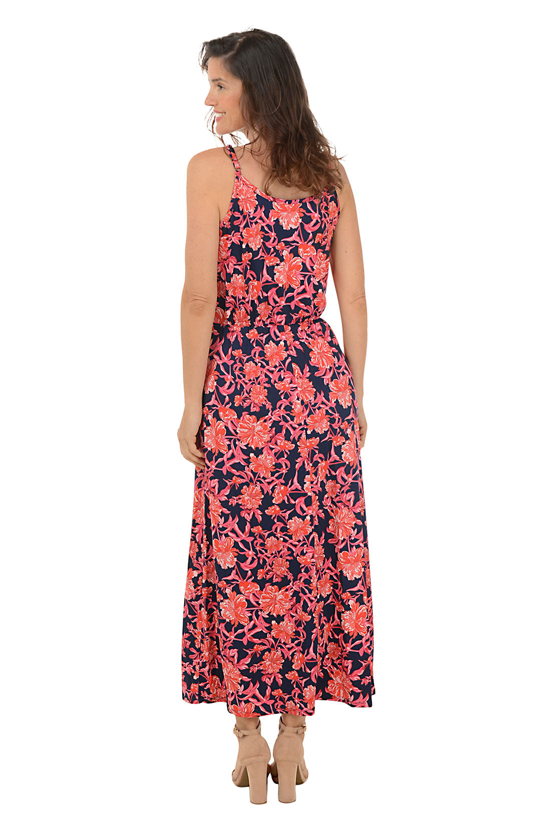 A sleeveless maxi dress with a floral pattern, featuring a scoop neckline, adjustable straps, and a straight hemline. The dress is worn by a model posing against a white background. Back shot.