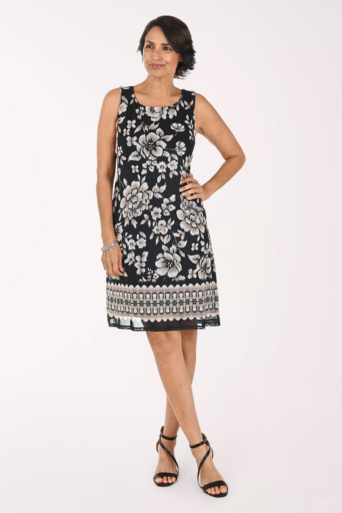 Harper 241 Floral Border Mesh Sleeveless Dress - Tan/black