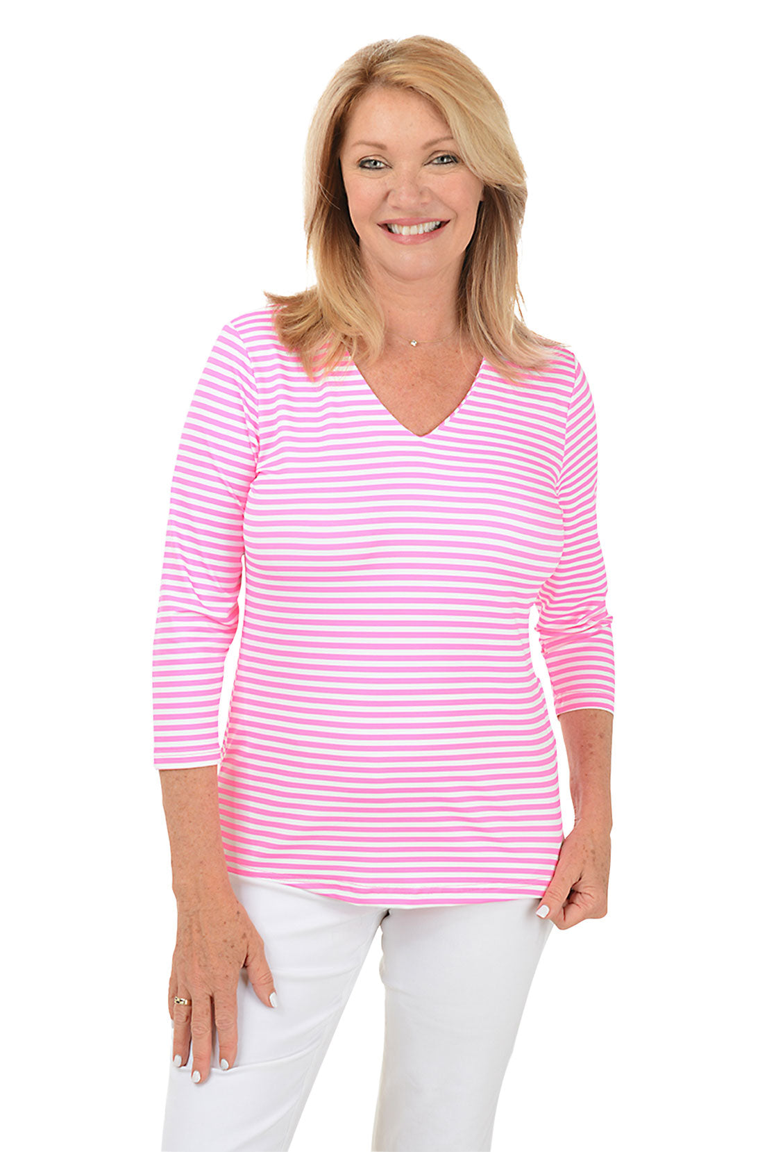 トップス reunion Pink Striped Classic UPF50+ V-Neck Top | Anthony's Resort Wear