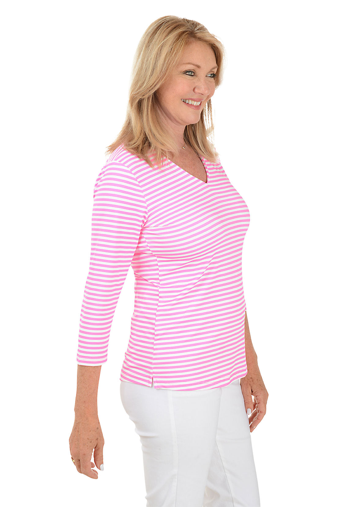 Woman wearing a pink and white striped shirt on a white background