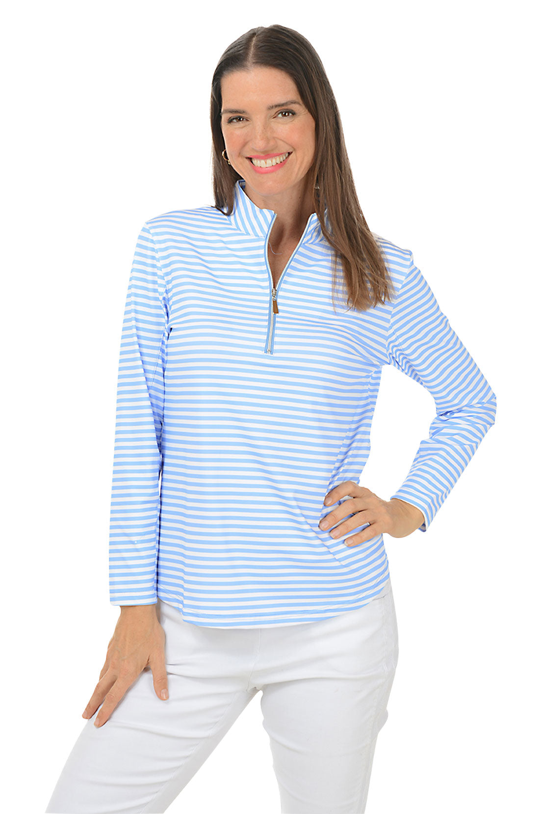 Woman wearing a blue and white striped long-sleeve shirt on a white background