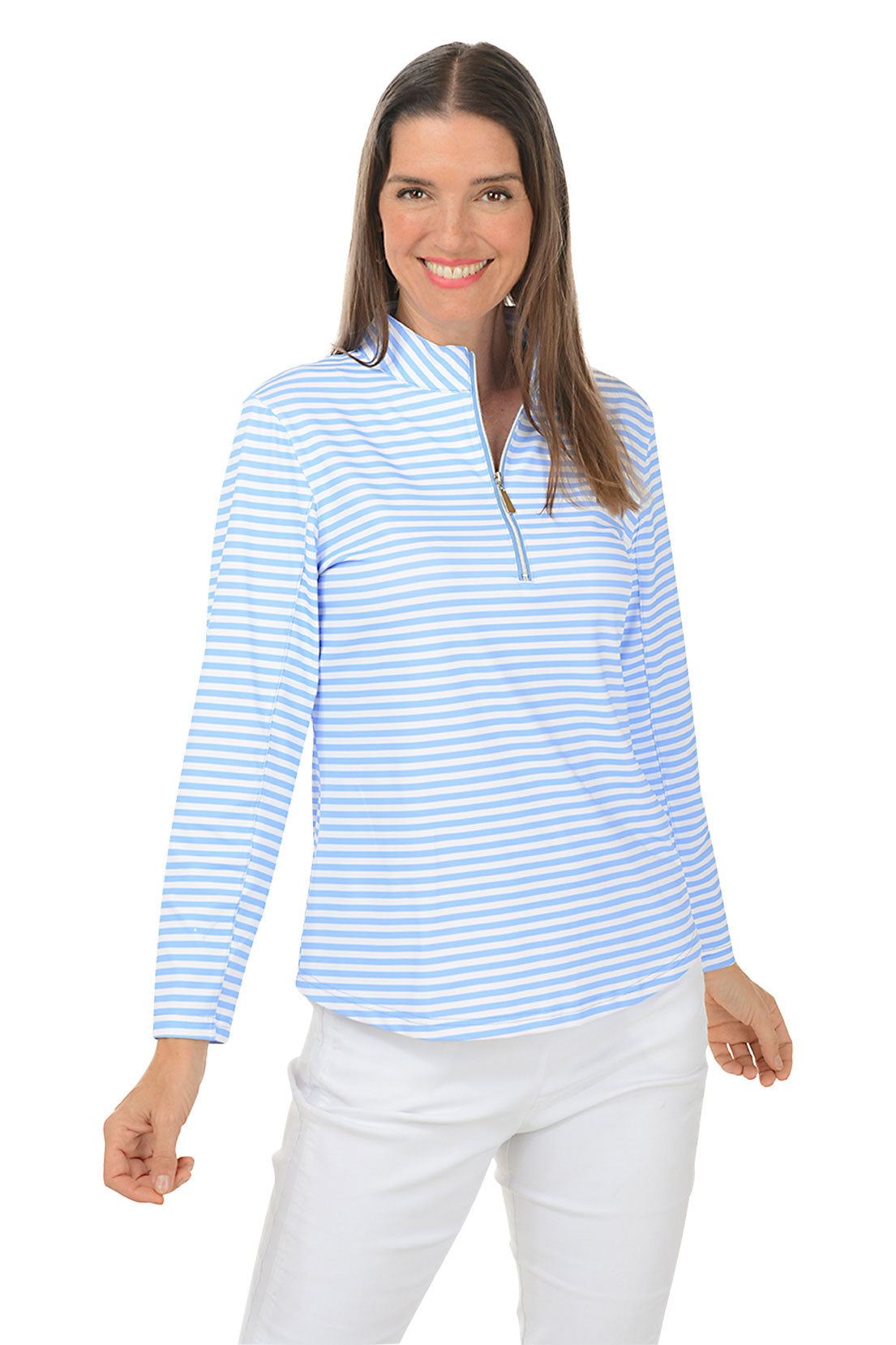Woman wearing a blue and white striped long-sleeve shirt on a white background