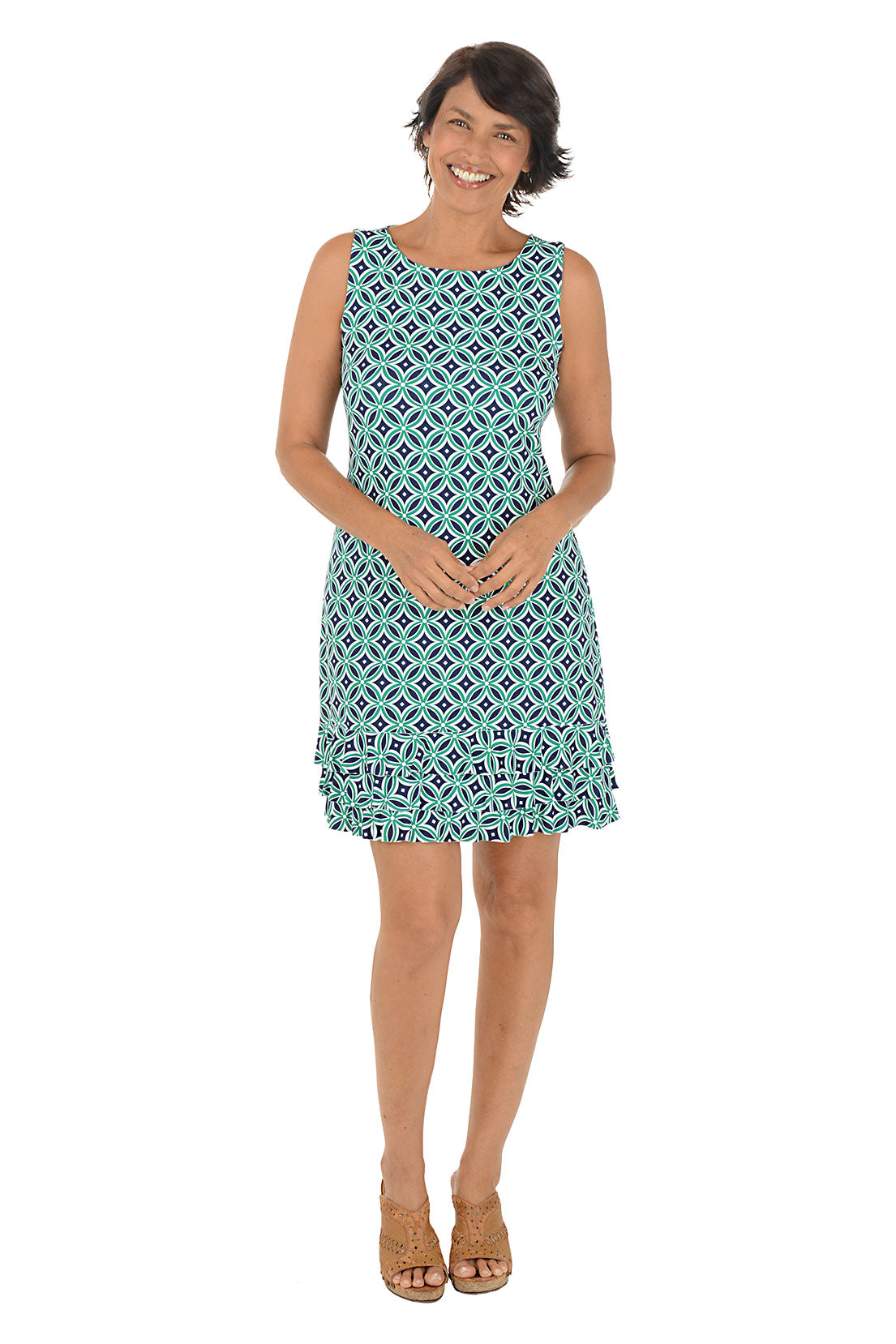 Green Compass Rose UPF50+ Sleeveless Ruffled Dress | Anthony's Green Compass Rose UPF50+ Sleeveless Ruffled Dress | Anthony's