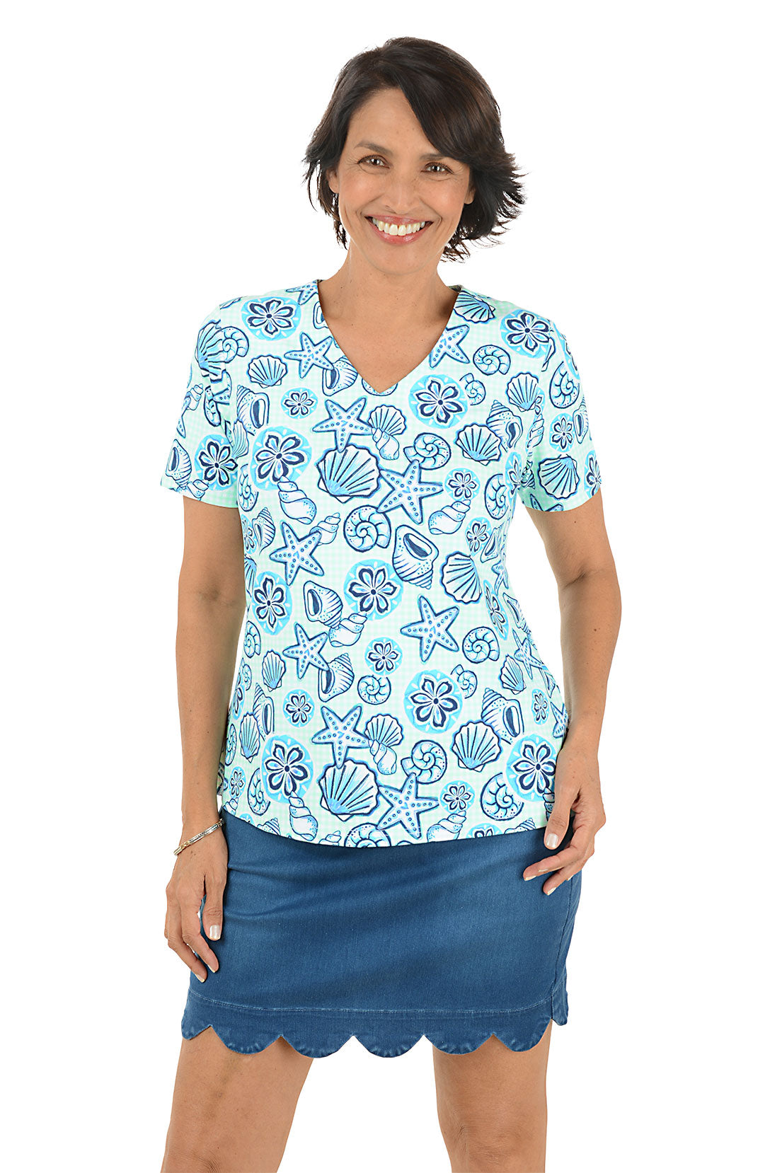A&S SHORT SLEEVE TENT LINE BLOUSE 【 美品 】 Green Beach Picnic UPF50+ V-Neck Short Sleeve Top | Anthony's