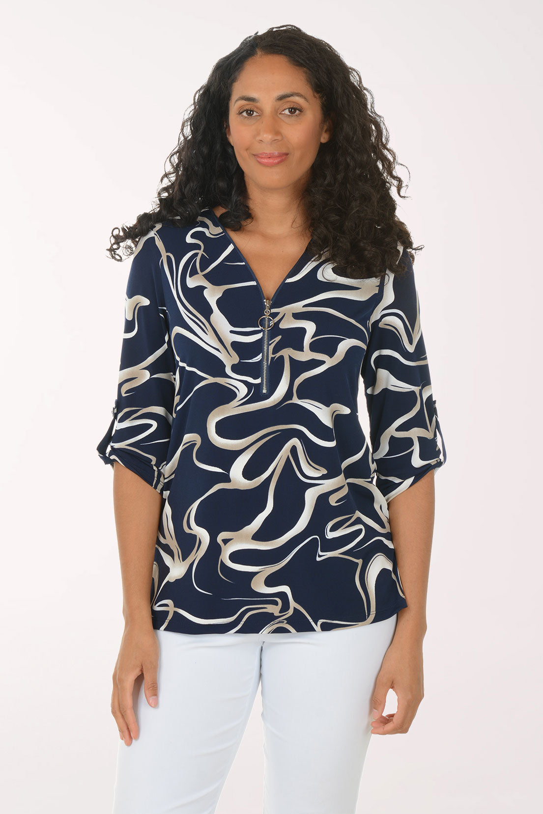 Misty Mood Puff Printed Zip Neck Top | Bali