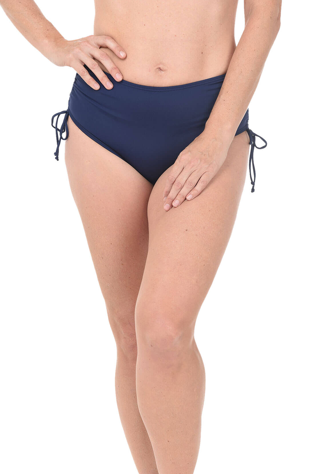 A navy-colored high-waisted bikini bottom with adjustable side ties.