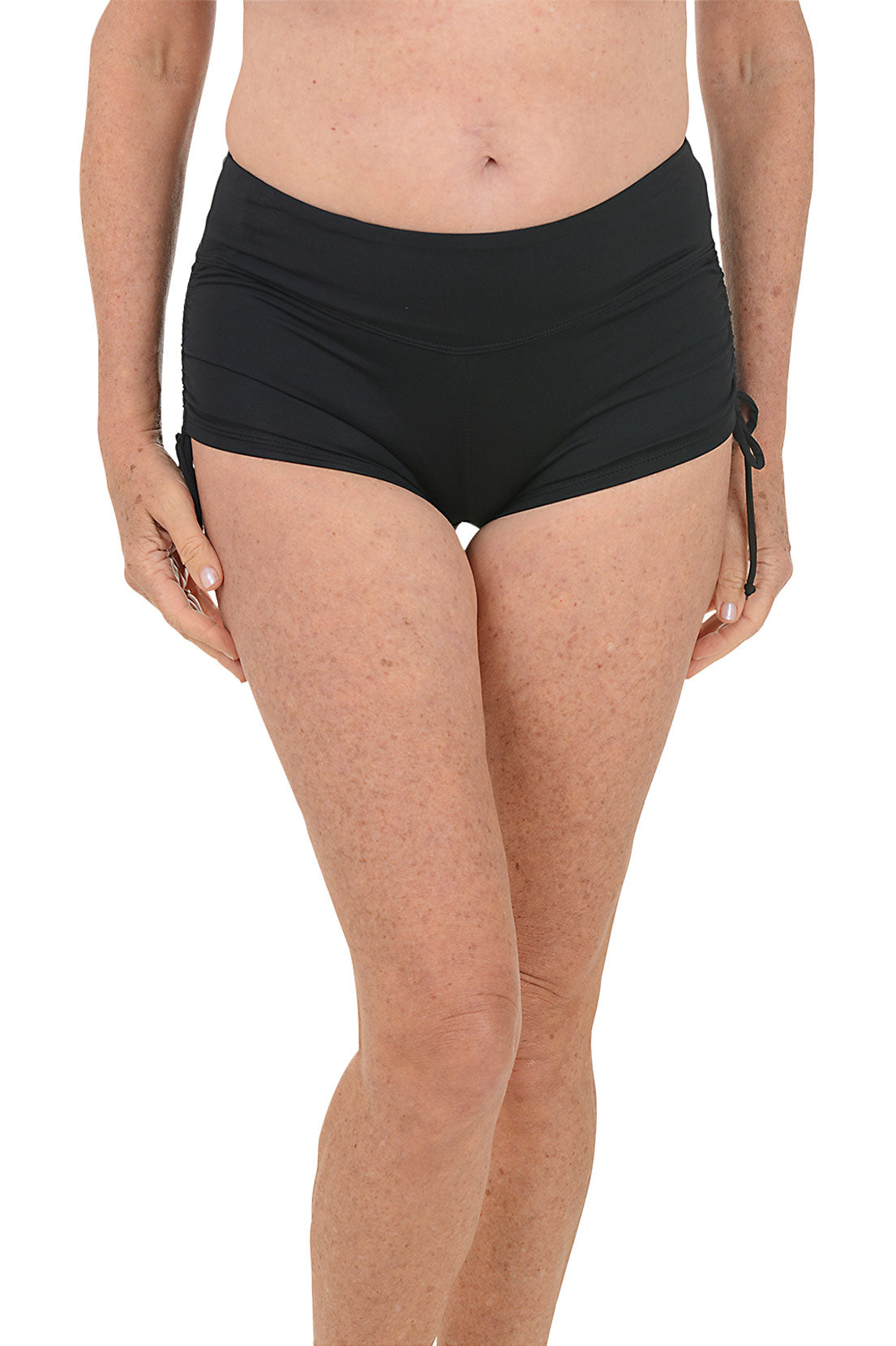 A woman wearing a black swim boxer.