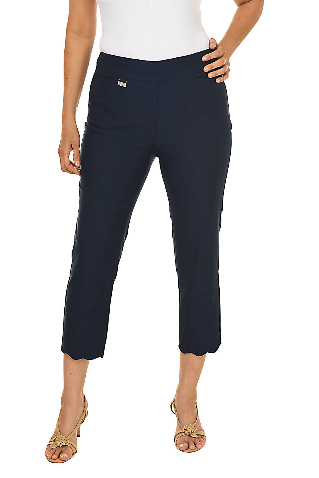 Navy capri pants worn by a person on a white background front shot.