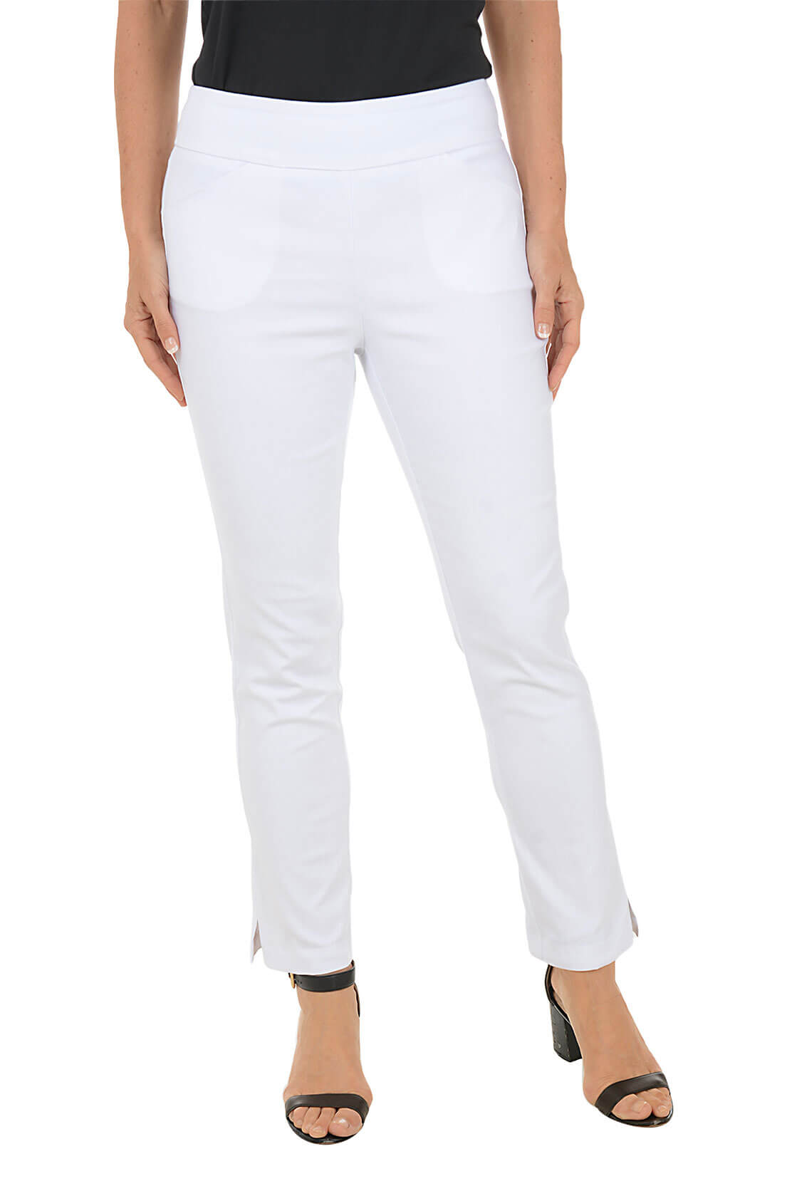 White pants worn by a person on a white background
