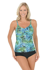 A woman wearing a blue and green tankini top with a twist detail on the bust.