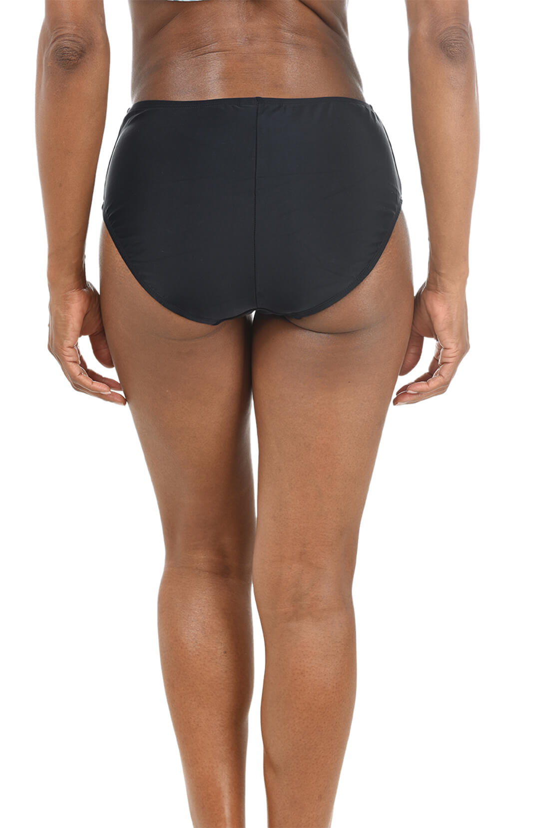Person wearing black swim briefs on a white background. Back shot.