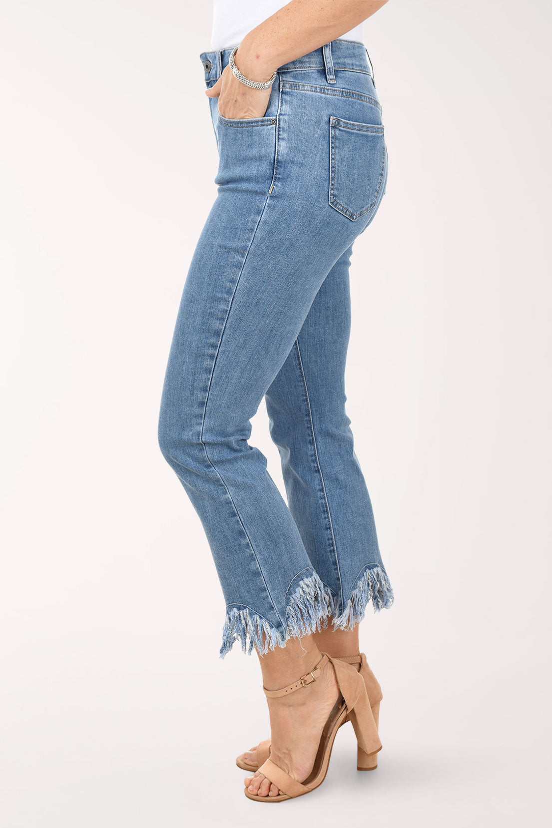 Fringe Hem Denim Flared Crop Pant