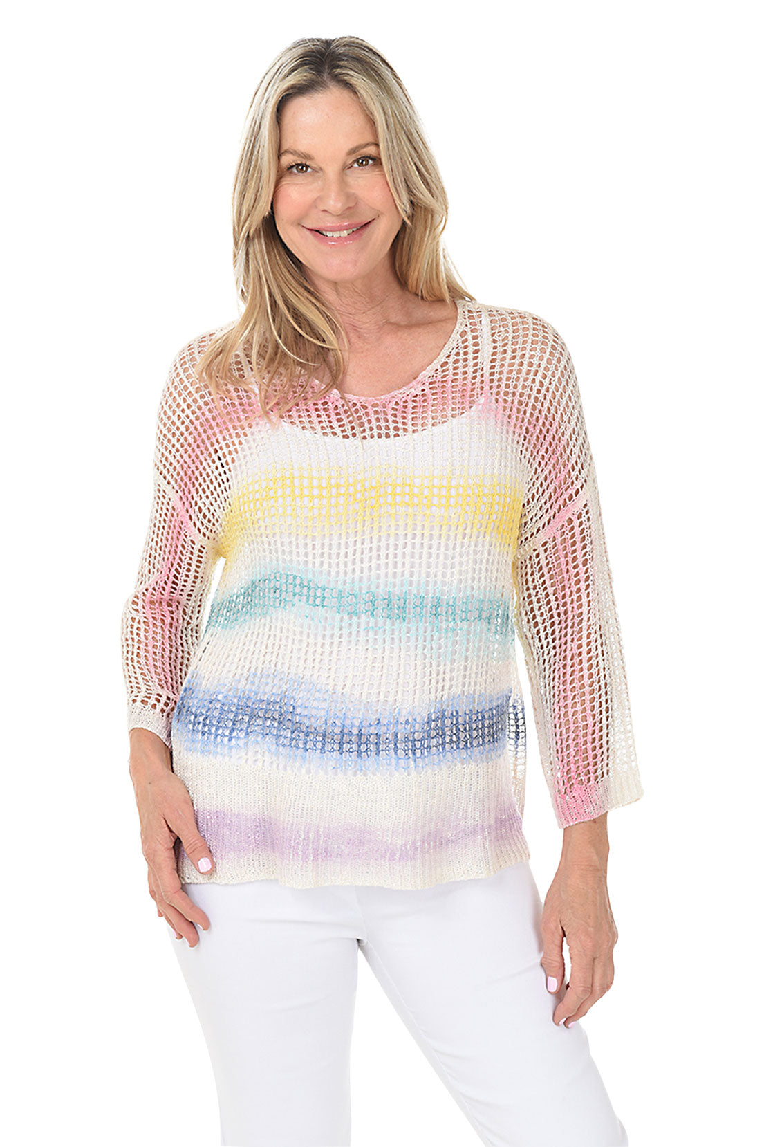 Rainbow Open Crochet High-Low Sweater