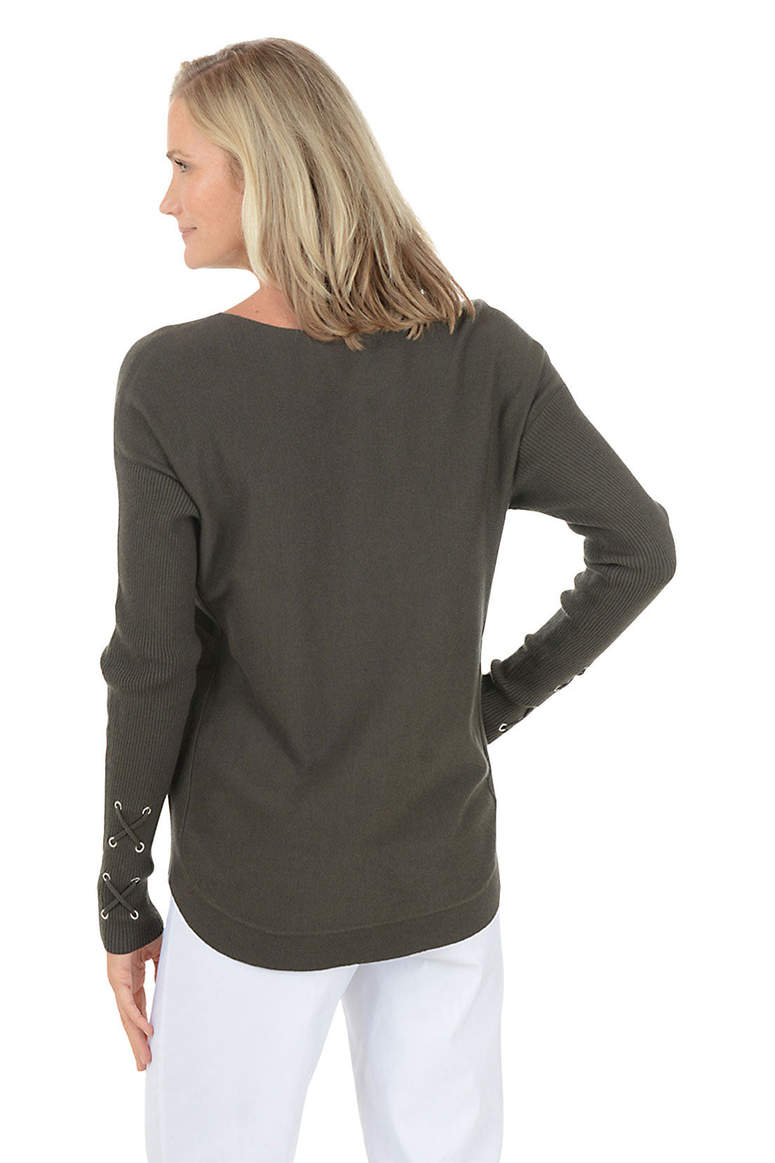 Woman wearing a green sweater with button details on a white background. Back shot.