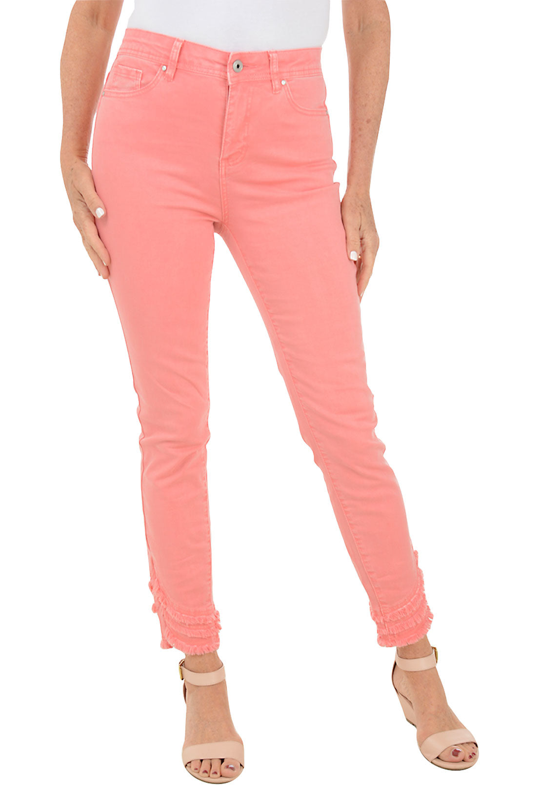 A pair of pink denim ankle pants with a frayed curved hemline, displayed on a model without showing the upper part of the body.
