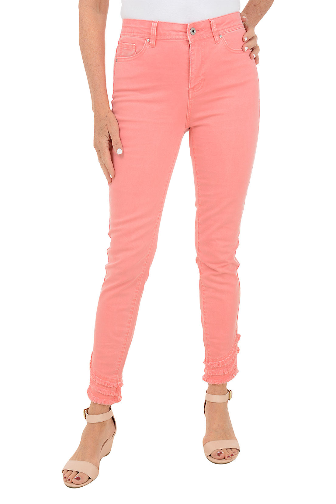 A pair of women's pink denim crop pants with a frayed hem, displayed on a model without showing the upper part of the body.
