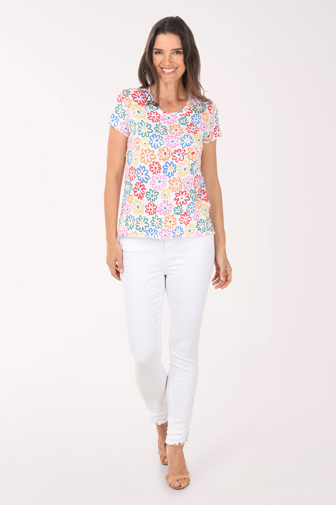 White jeans worn by a person on a white background