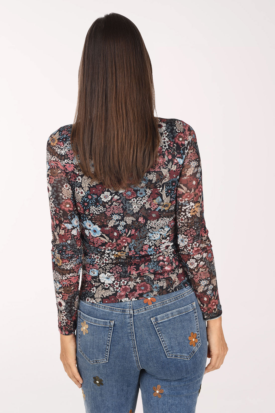 Back view of the Azalea Floral Mesh Long Sleeve Top in black multi floral