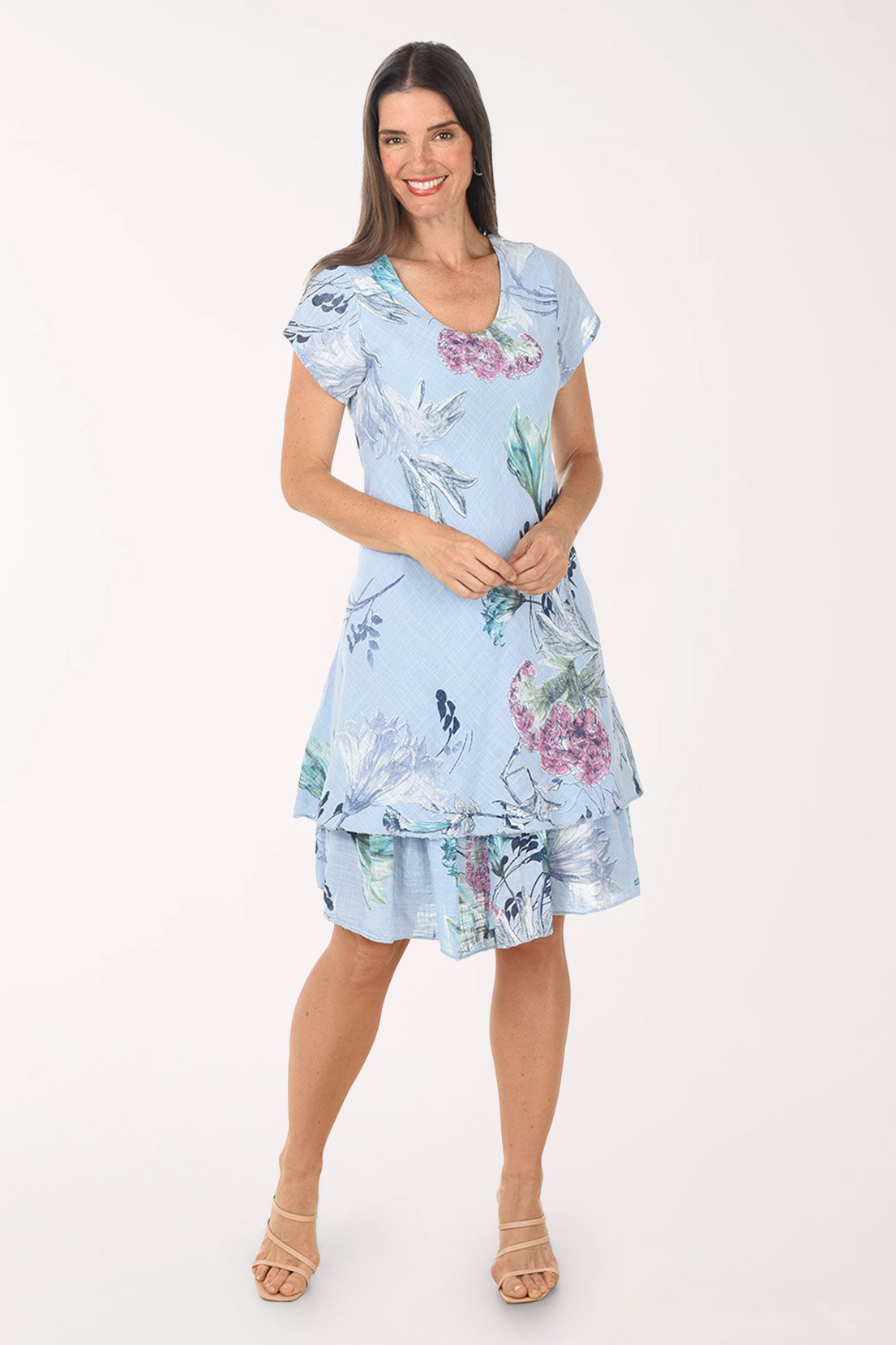 Woman wearing a light blue floral dress on a white background