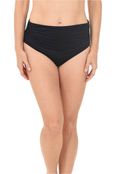 A front view of a woman wearing a solid black, high-waisted convertible swim brief.