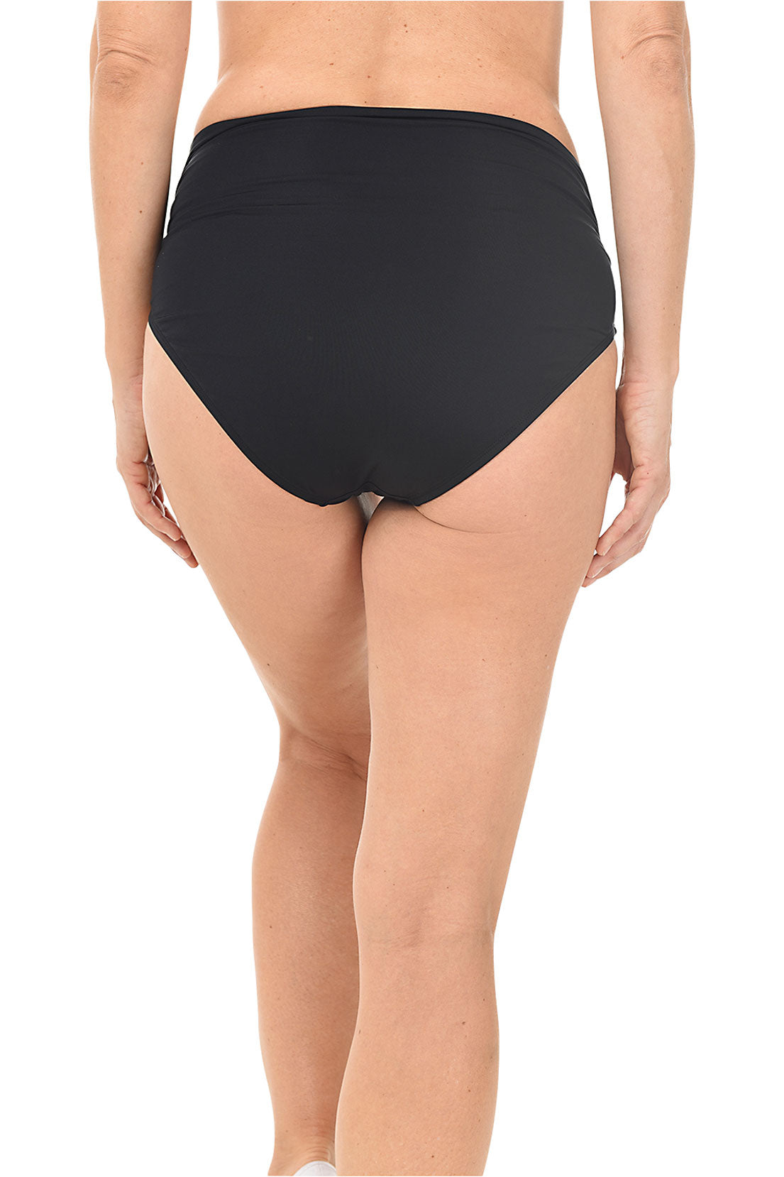 A front view of a woman wearing a solid black, high-waisted convertible swim brief. Back shot.