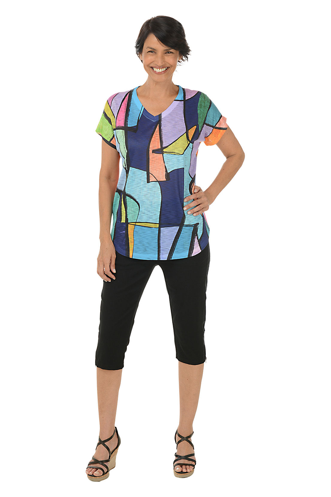 A pair of black petite zip hem pull-on clamdigger pants. The image shows the pants in a standing position with the front facing forward, displaying the elastic waistband, dual front pockets, and zippered detail on the hemline. Second front shot.