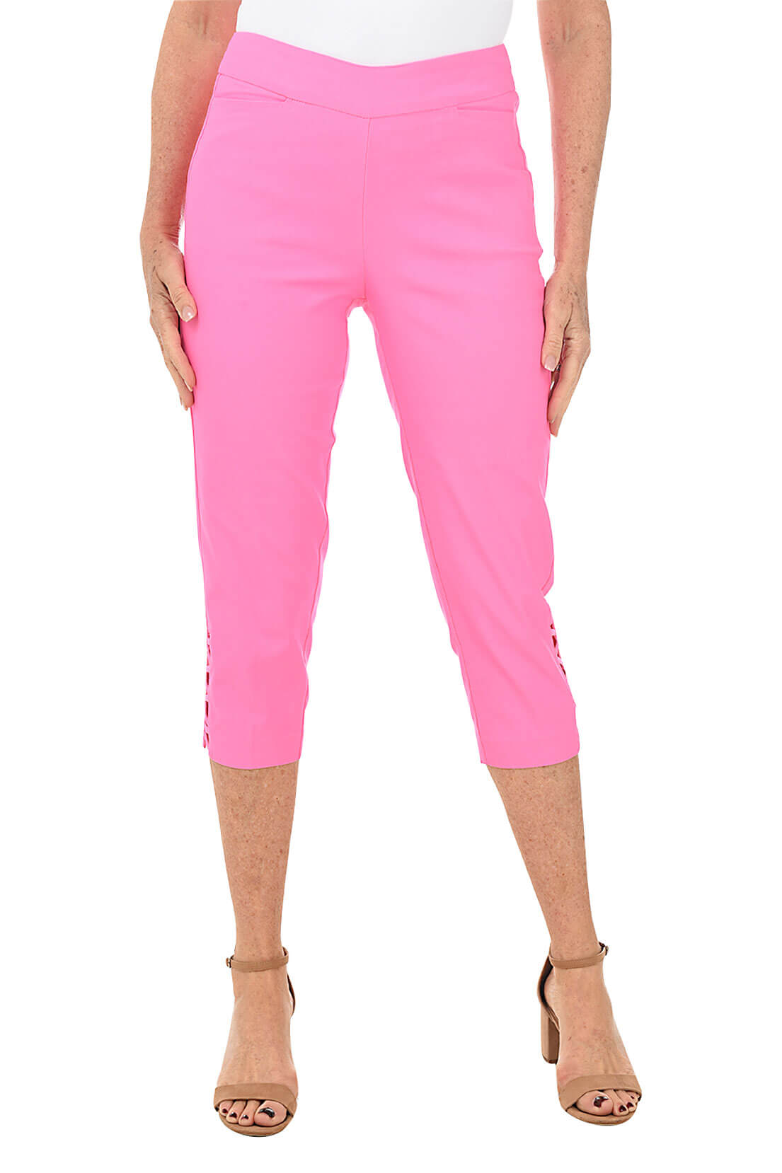 A pair of pink capri pants with lattice detail on the hemline, featuring front pockets and a flat back design.