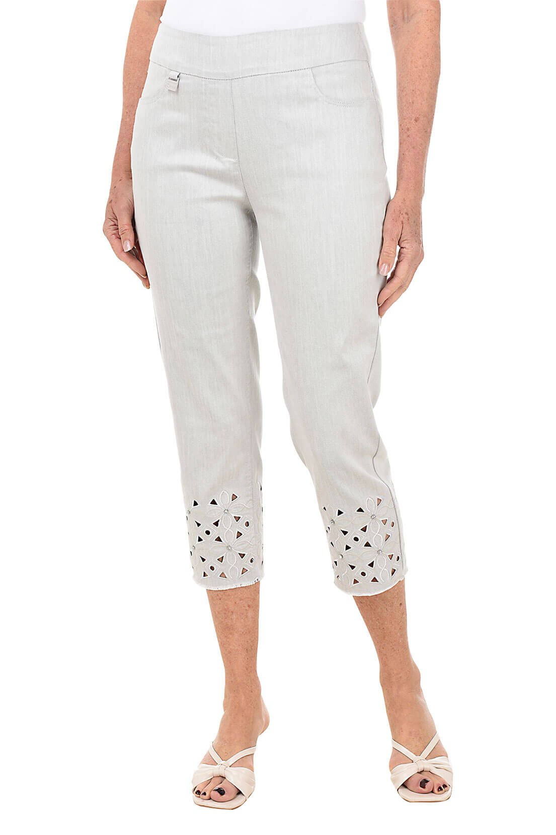 Rhinestone Flower Eyelet Hem Denim Capri Pant Breezes