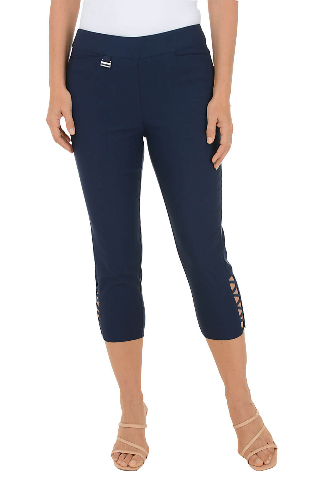 Navy capri pants with a brand logo on a white background