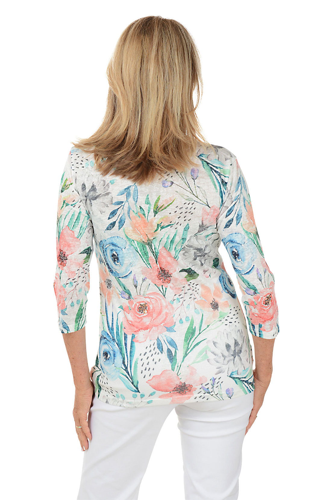 A woman wearing a multicolored floral knit top with a scoop neck and 3/4 sleeves. The top appears to be lightweight and has rhinestone embellishments. Back shot.