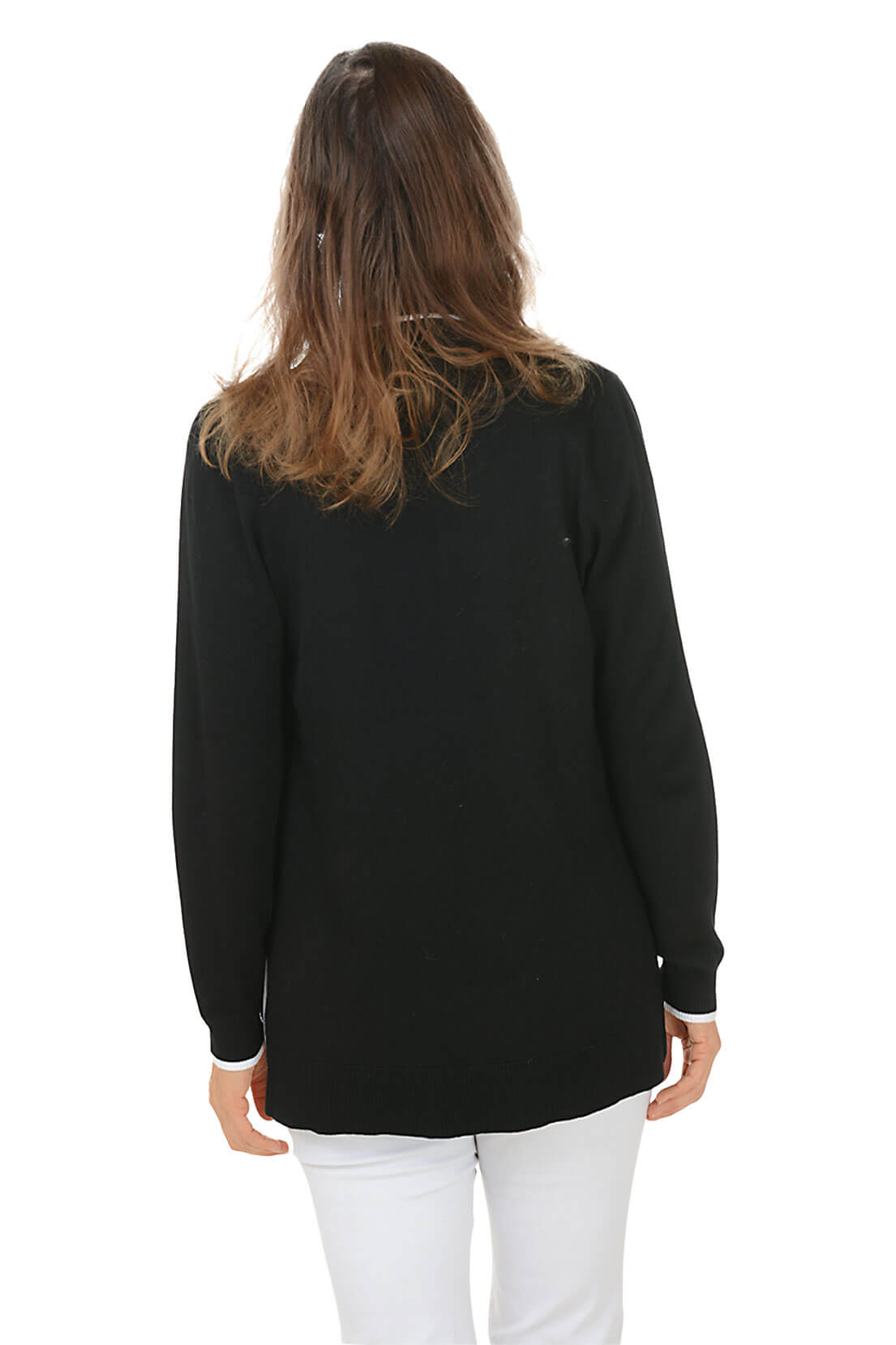 Person wearing a black long-sleeve top and white pants on a white background