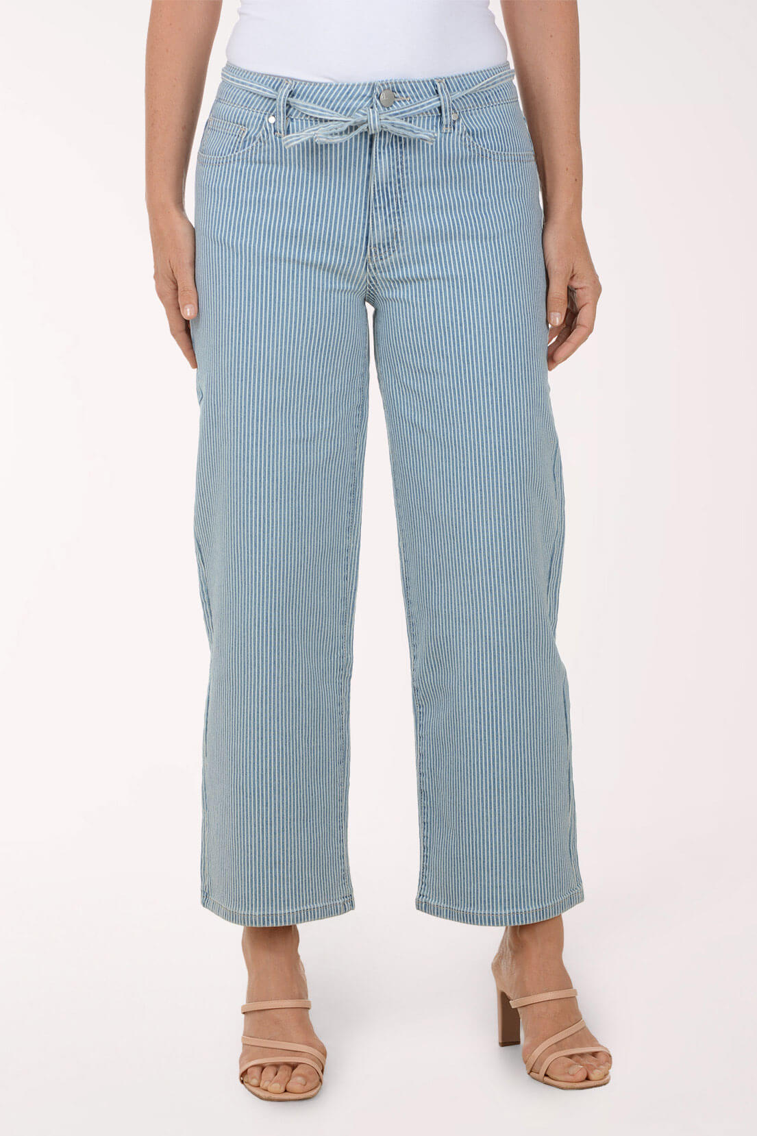 Light blue striped jeans worn by a person on a white background