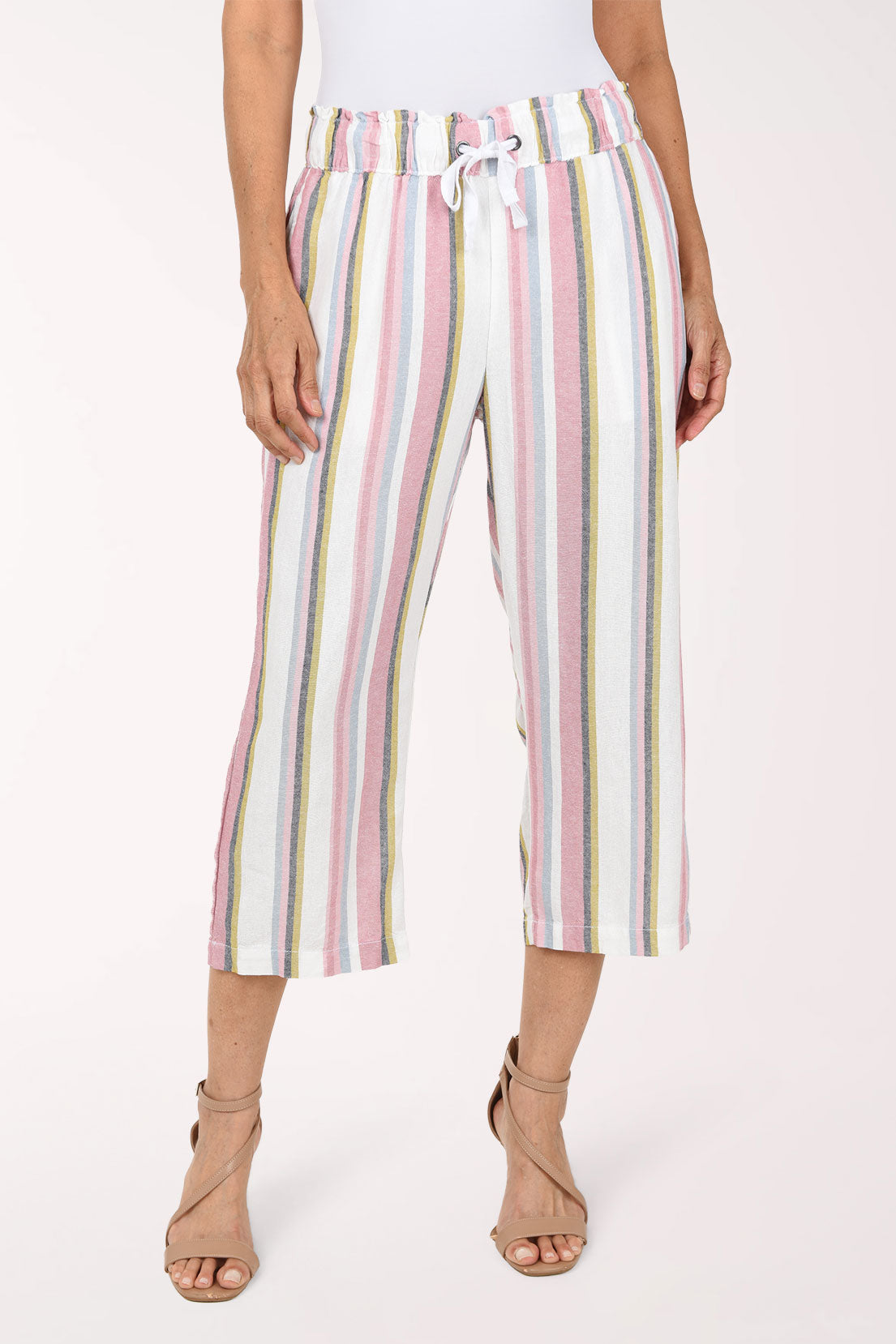 Woman wearing multi striped crop pants