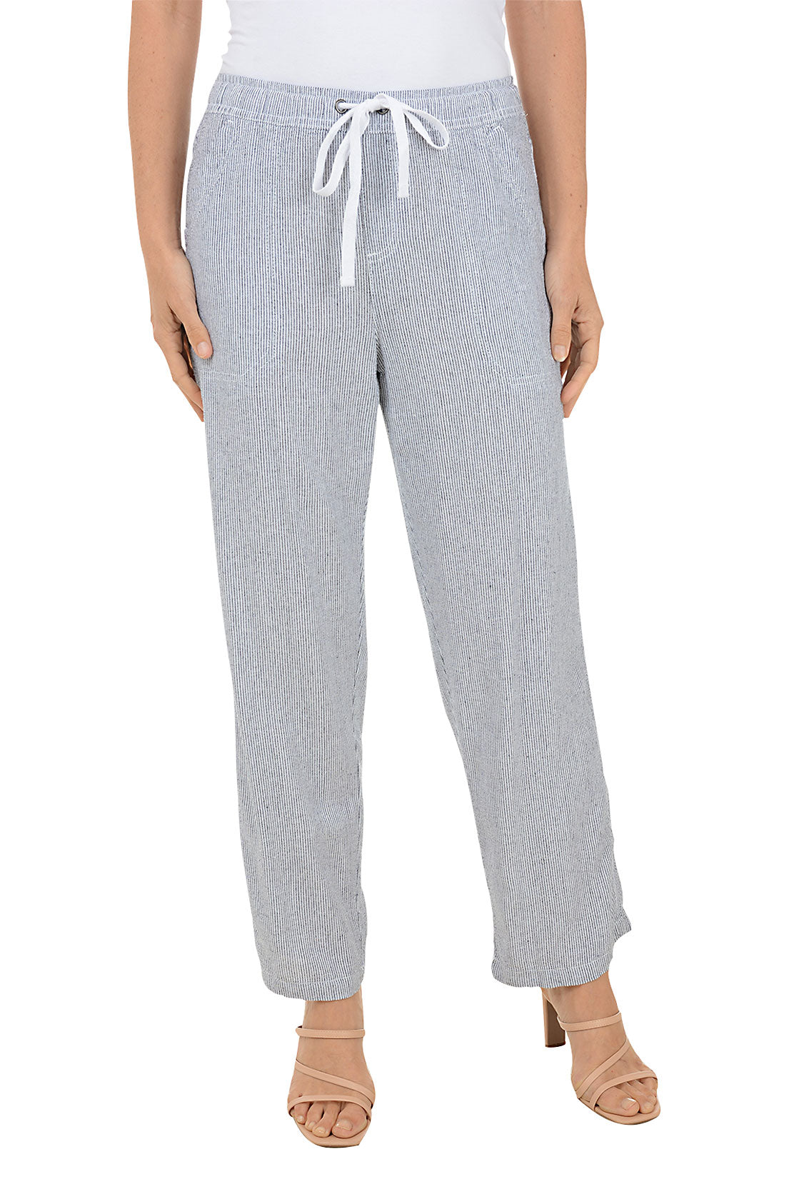 Light gray striped pants with a drawstring waist on a white background
