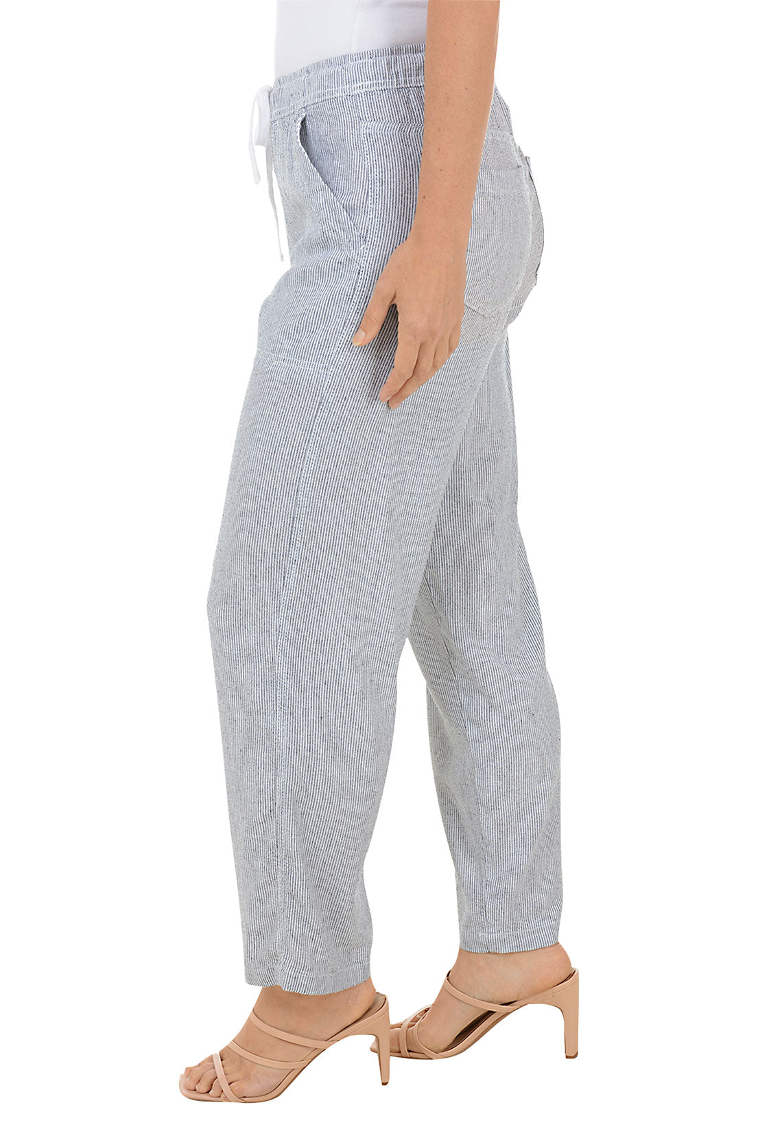 Light gray striped pants with a drawstring waist on a white background
