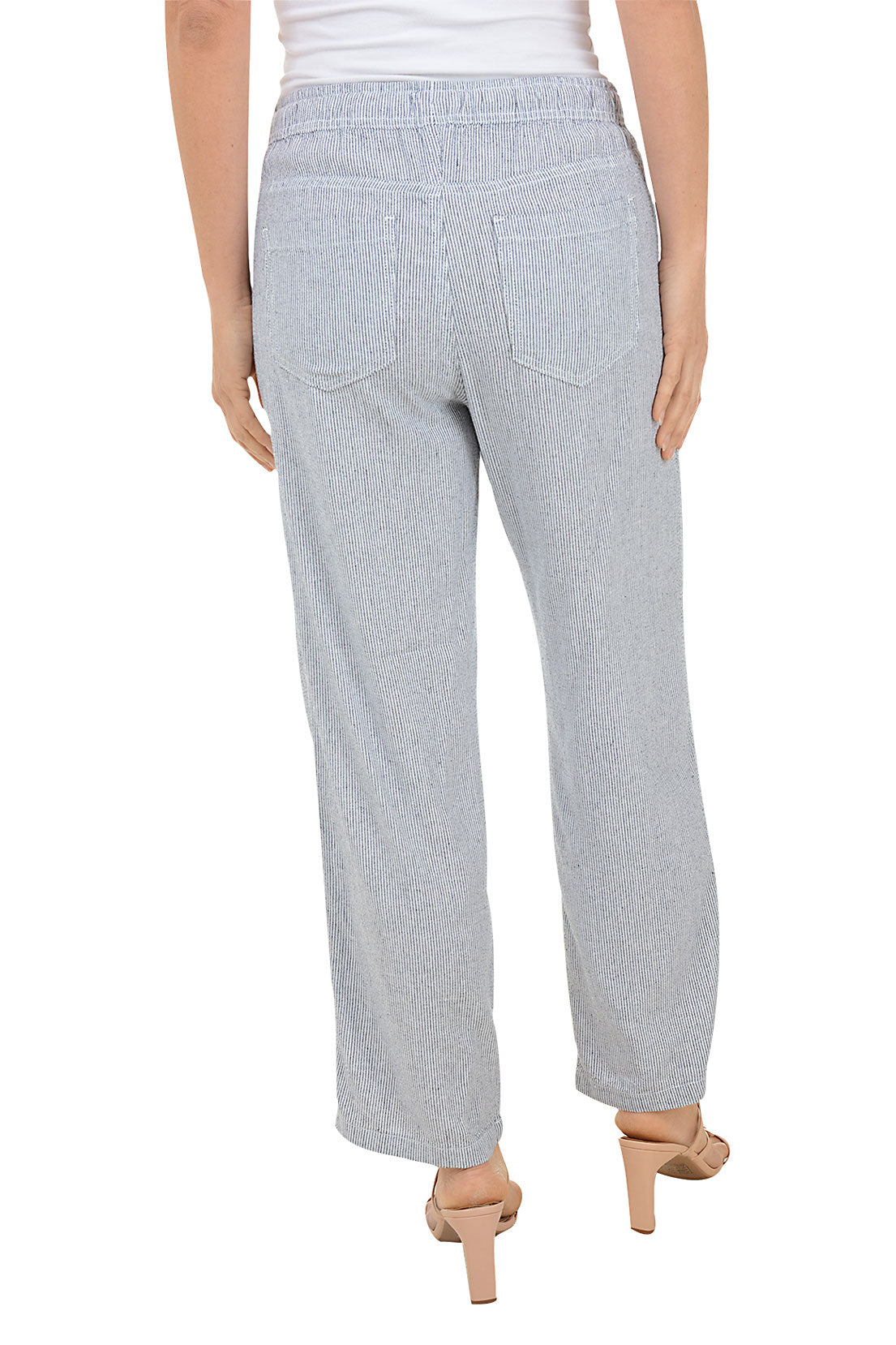 Light gray striped pants with a drawstring waist on a white background