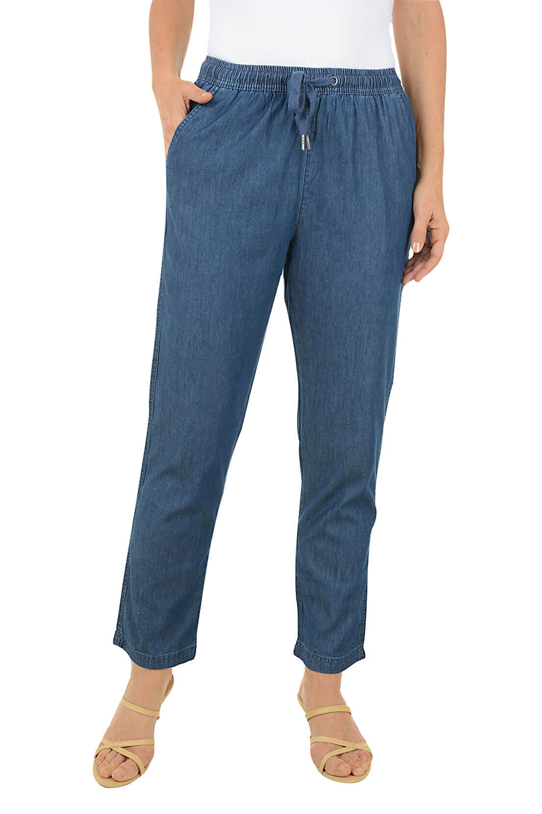 Dash Drawstring Denim Tapered Ankle Pant - Mid Wash - Size L Dash Drawstring Denim Tapered Ankle Pant - Mid Wash - Size L
