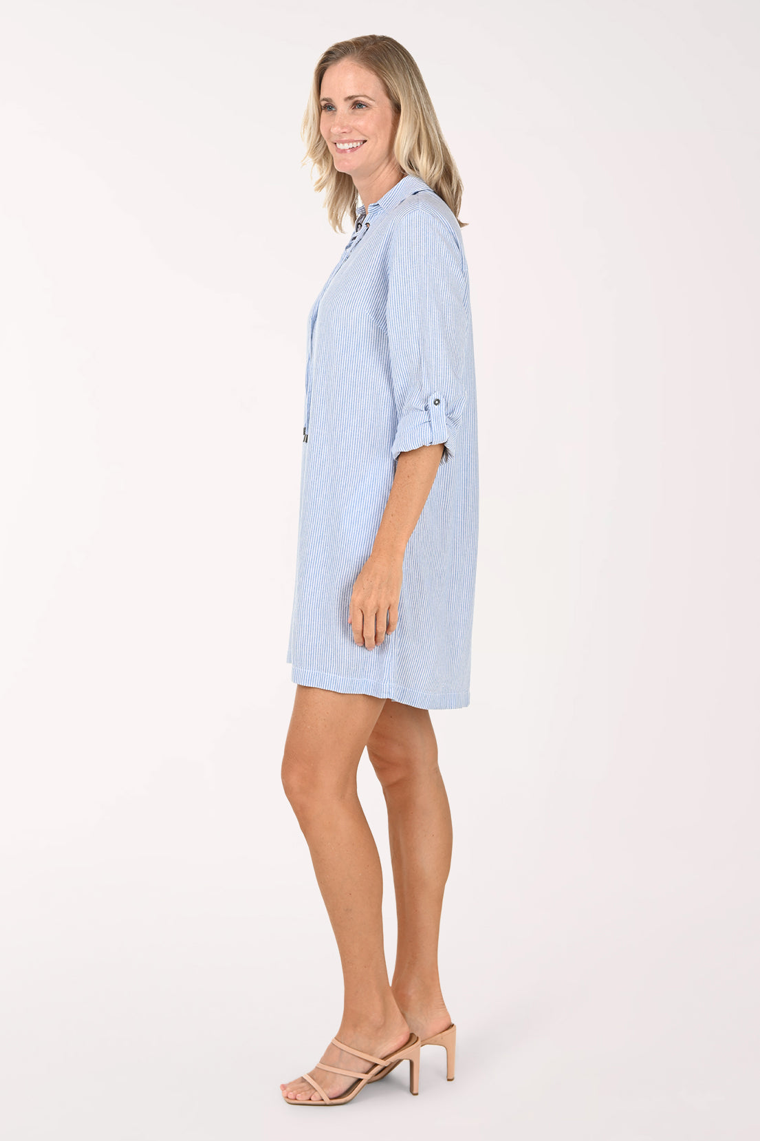 Striped Linen-Blend Lace-Up Neck Dress