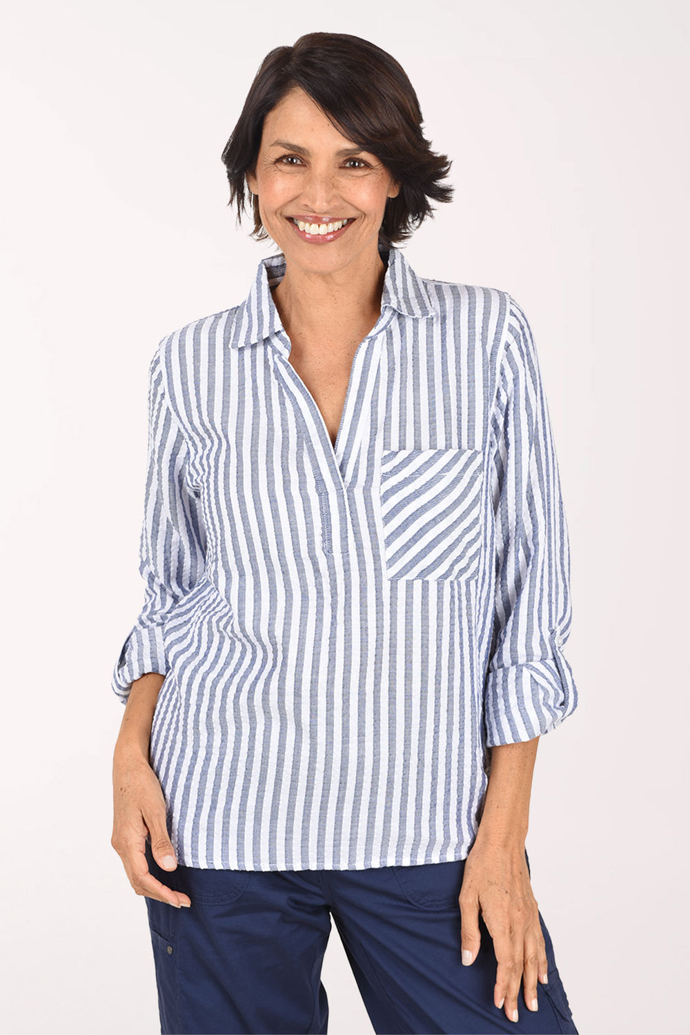 Dash Stripe Textured Roll Sleeve Blouse, front view, indigo stripe