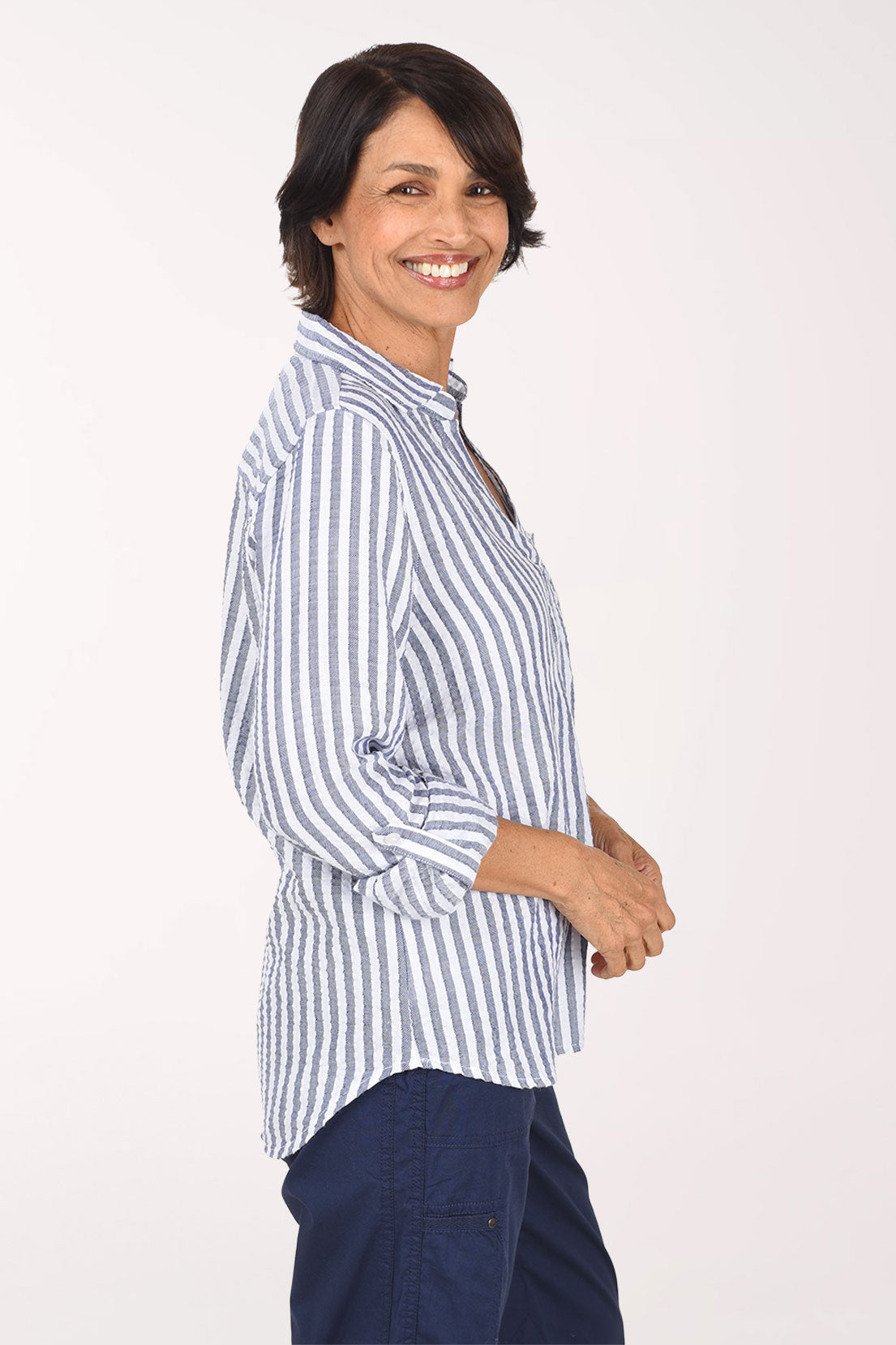 Dash Stripe Textured Roll Sleeve Blouse, side view, indigo stripe