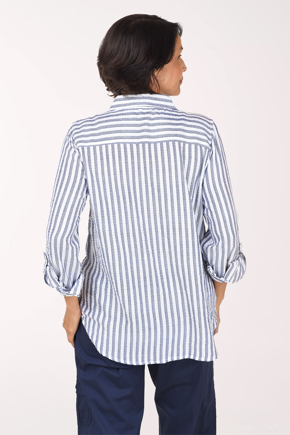 Dash Stripe Textured Roll Sleeve Blouse, back view, indigo stripe